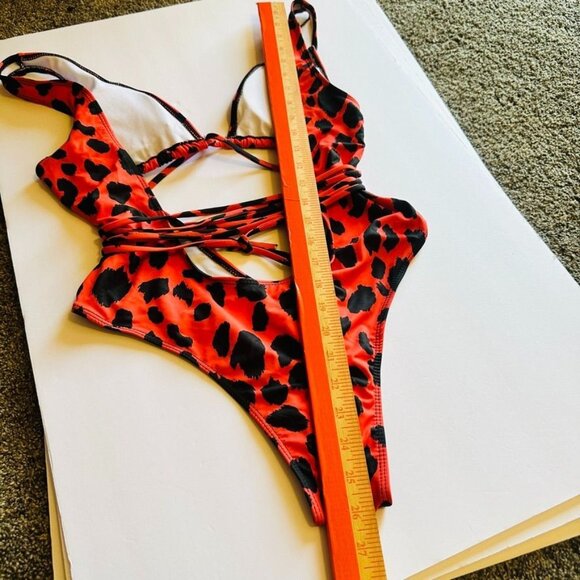 Leopard Print Plunging V-Neck Lace Up Swimsuit Small Red Orange Animal High Cut - Picture 12 of 14